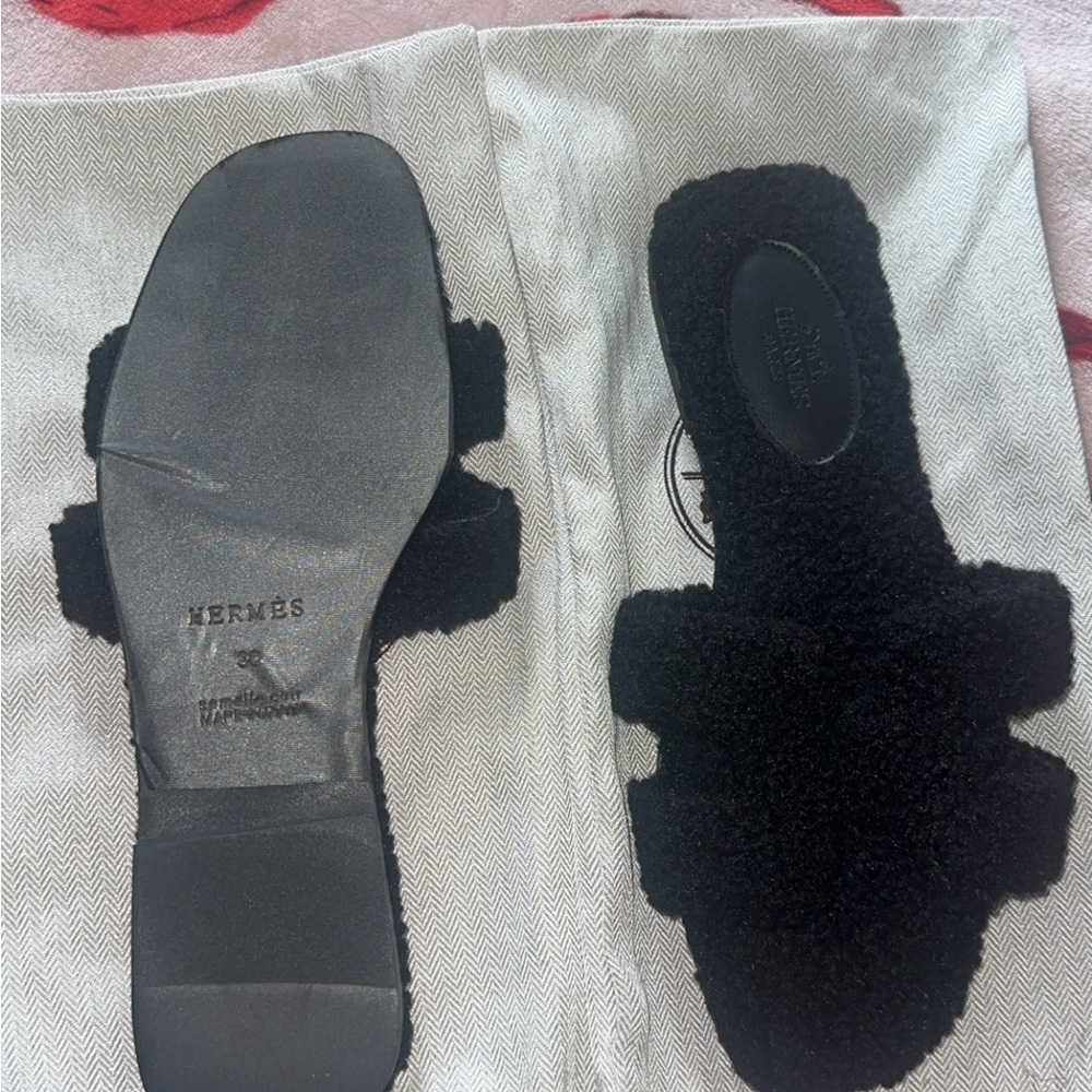 Hermès Black Shearling Sandals